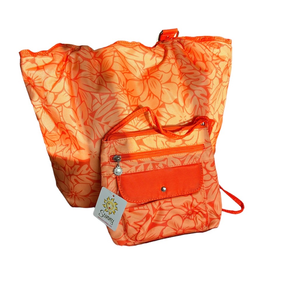 SUNNY HAWAII Beach Pool Tote & Matching Small Purse Hawaiian Orange Floral Print